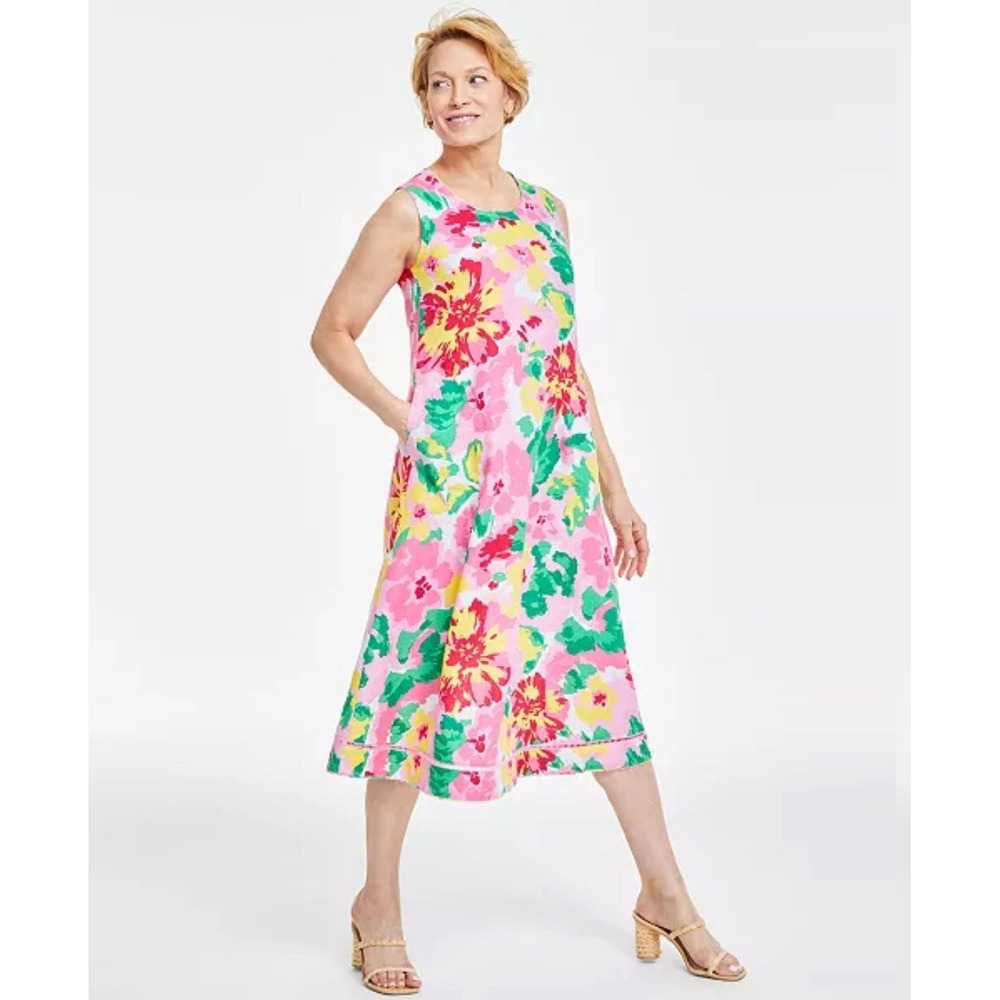 Charter Club Luxery Dress Womens 2X  100% Linen Pink Floral Colorful Sleeveless